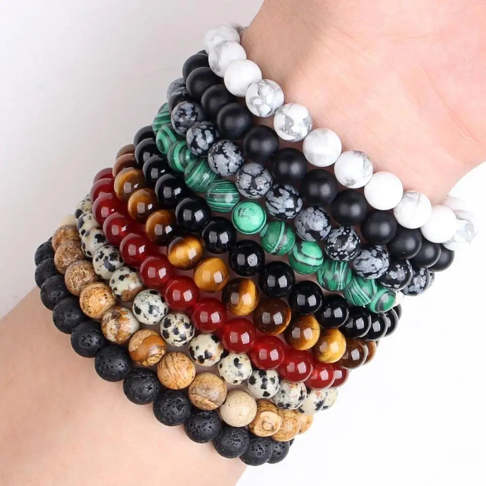 Nature Healing Crystal Beaded Bracelets ( Men 8mm Natural Stone Lava Rock, Tiger Eye, Black Onyx, Matte )