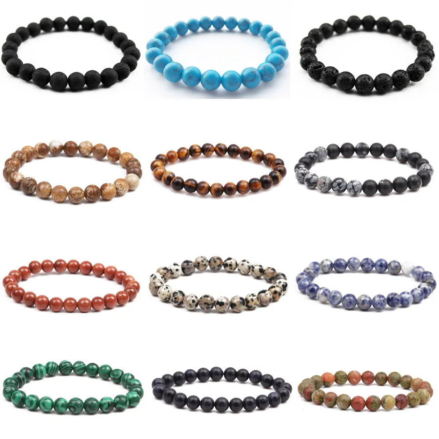 Nature Healing Crystal Beaded Bracelets ( Men 8mm Natural Stone Lava Rock, Tiger Eye, Black Onyx, Matte )