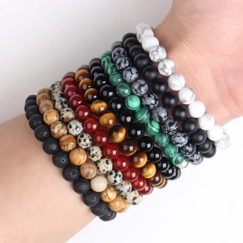 Nature Healing Crystal Beaded Bracelets ( Men 8mm Natural Stone Lava Rock, Tiger Eye, Black Onyx, Matte )