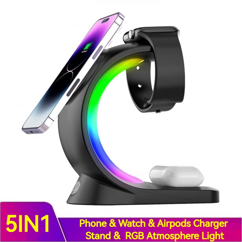 4 In 1 Magnetic Wireless Fast Charger ( Atmosphere Light Charging Station For Airpods, Apple Watch + Any Smart Phone)